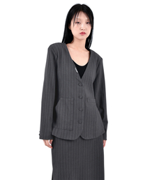 KATHARSIS（カタルシス）の「ノーカラードレスジャケット グレーピンストライプ FREE（テーラードジャケット）」