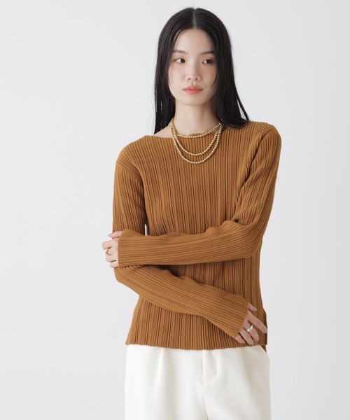 NANO universe（ナノユニバース）の「プリーツニットボートネックトップス(セットアップ可)（ニット/セーター・レディース・ライトベージュ/ベージュ系その他3/ダークネイビー・FREE）」の3枚目の写真