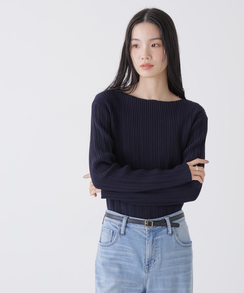 NANO universe（ナノユニバース）の「プリーツニットボートネックトップス(セットアップ可)（ニット/セーター・レディース・ライトベージュ/ベージュ系その他3/ダークネイビー・FREE）」の22枚目の写真