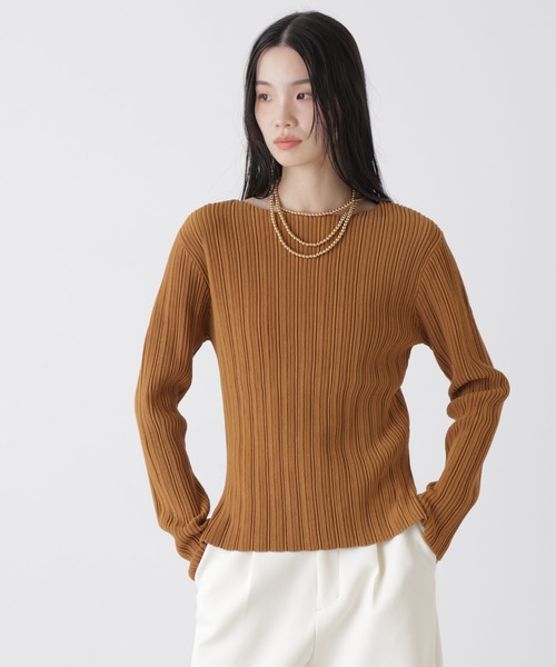 NANO universe（ナノユニバース）の「プリーツニットボートネックトップス(セットアップ可)（ニット/セーター・レディース・ライトベージュ/ベージュ系その他3/ダークネイビー・FREE）」の5枚目の写真