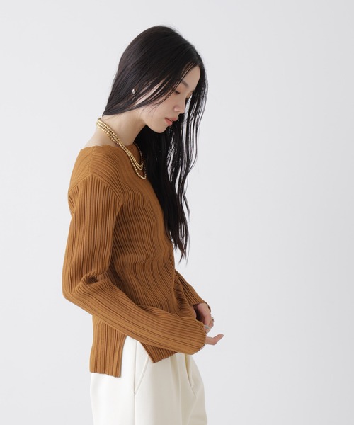 NANO universe（ナノユニバース）の「プリーツニットボートネックトップス(セットアップ可)（ニット/セーター・レディース・ライトベージュ/ベージュ系その他3/ダークネイビー・FREE）」の6枚目の写真