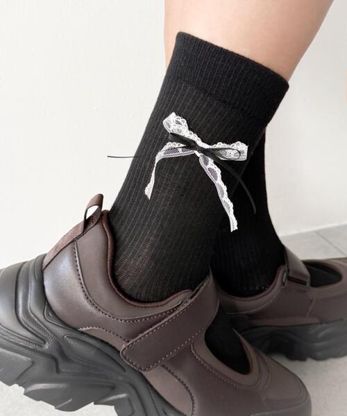 WEGO（ウィゴー）の「WEGO/ダブルリボンソックス（ソックス/靴下・レディース・ホワイト/ブラック・23-25cm）」の6枚目の写真