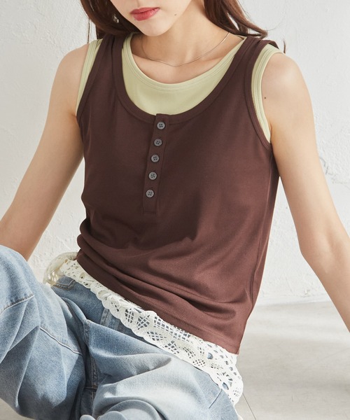 RANAN（ラナン）の「【接触冷感機能付き！】カップ付きレイヤードヘンリーネックタンク（タンクトップ・レディース・ブラック/コーラル/ネイビー/ブラウン・LL/S/M/L）」の13枚目の写真