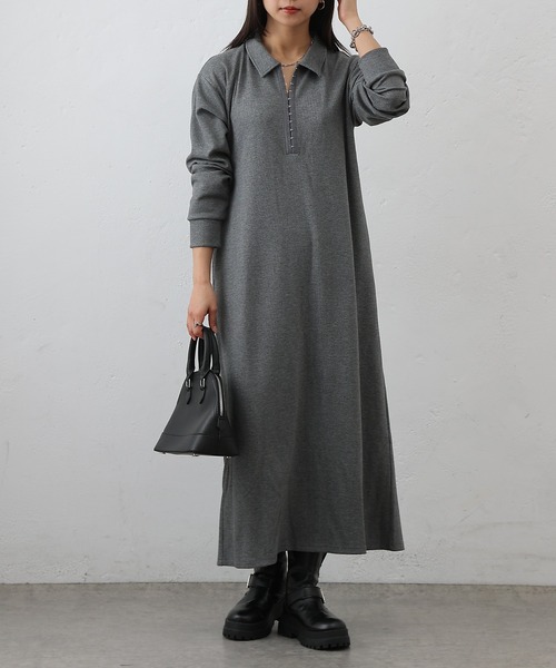 COLONY 2139（コロニートゥーワンスリーナイン）の「テレコ衿付きロングワンピース（ワンピース・レディース・ブラック/チャコールグレー・FREE）」の2枚目の写真