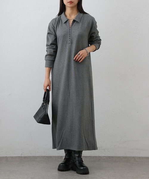 COLONY 2139（コロニートゥーワンスリーナイン）の「テレコ衿付きロングワンピース（ワンピース・レディース・ブラック/チャコールグレー・FREE）」の10枚目の写真