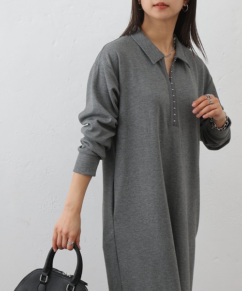 COLONY 2139（コロニートゥーワンスリーナイン）の「テレコ衿付きロングワンピース（ワンピース・レディース・ブラック/チャコールグレー・FREE）」の9枚目の写真