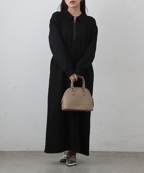 COLONY 2139（コロニートゥーワンスリーナイン）の「テレコ衿付きロングワンピース（ワンピース・レディース・ブラック/チャコールグレー・FREE）」の4枚目の写真