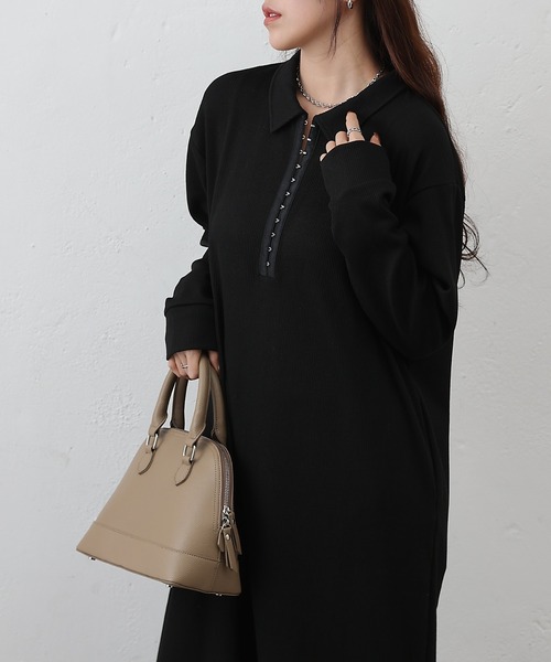 COLONY 2139（コロニートゥーワンスリーナイン）の「テレコ衿付きロングワンピース（ワンピース・レディース・ブラック/チャコールグレー・FREE）」の3枚目の写真