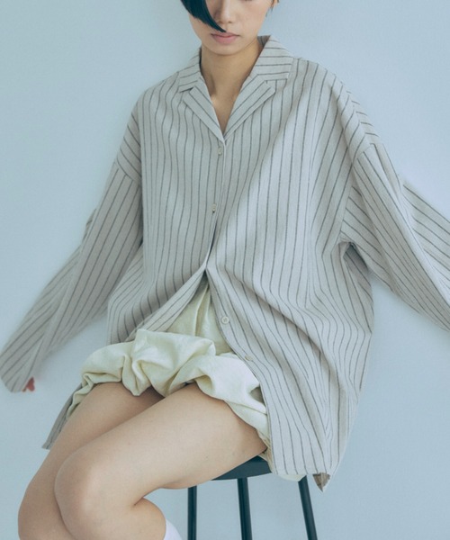 EN NEUME(エンノイム)の「Linen Touch Stripe Open Collar Shirt(シャツ/ブラウス・レディース・ブラウン/アイボリー・FREE)」の5枚目の写真