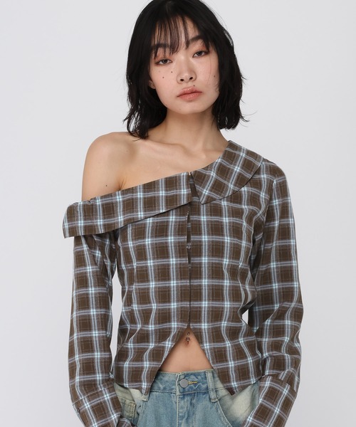 3.3 Field Trip (3.3フィールドトリップ)の「3.3 Field Trip/ワンショルチェックシャツ(シャツ/ブラウス・レディース・ブルー/ブラウン/ネイビー・FREE)」の1枚目の写真