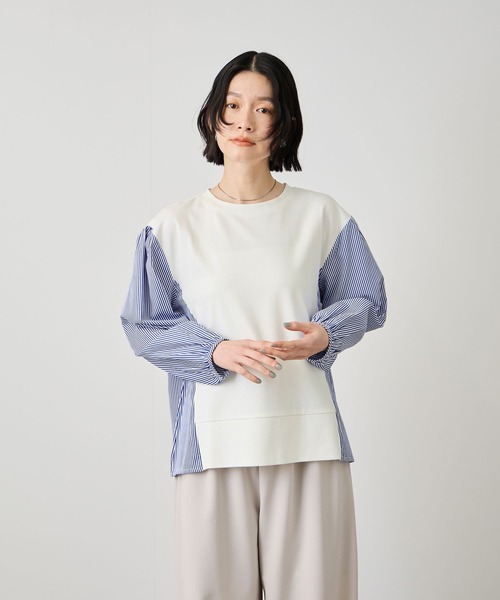 Mac-House(マックハウス)の「Idnes ストライプ 布帛ドッキング プルオーバー(Tシャツ/カットソー・レディース・ホワイト系/グレー系/ネイビー系・FREE)」の1枚目の写真