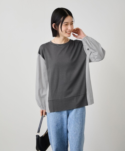 Mac-House(マックハウス)の「Idnes ストライプ 布帛ドッキング プルオーバー(Tシャツ/カットソー・レディース・ホワイト系/グレー系/ネイビー系・FREE)」の2枚目の写真