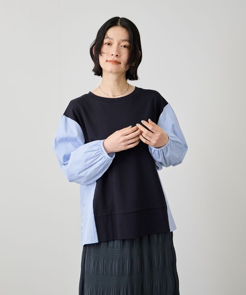 Mac-House(マックハウス)の「Idnes ストライプ 布帛ドッキング プルオーバー(Tシャツ/カットソー・レディース・ホワイト系/グレー系/ネイビー系・FREE)」の3枚目の写真