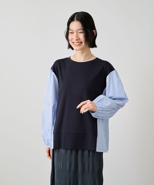 Mac-House(マックハウス)の「Idnes ストライプ 布帛ドッキング プルオーバー(Tシャツ/カットソー・レディース・ホワイト系/グレー系/ネイビー系・FREE)」の4枚目の写真