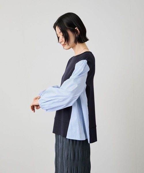 Mac-House(マックハウス)の「Idnes ストライプ 布帛ドッキング プルオーバー(Tシャツ/カットソー・レディース・ホワイト系/グレー系/ネイビー系・FREE)」の5枚目の写真