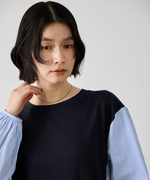 Mac-House(マックハウス)の「Idnes ストライプ 布帛ドッキング プルオーバー(Tシャツ/カットソー・レディース・ホワイト系/グレー系/ネイビー系・FREE)」の7枚目の写真