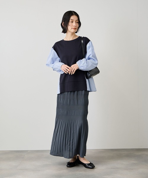 Mac-House(マックハウス)の「Idnes ストライプ 布帛ドッキング プルオーバー(Tシャツ/カットソー・レディース・ホワイト系/グレー系/ネイビー系・FREE)」の9枚目の写真