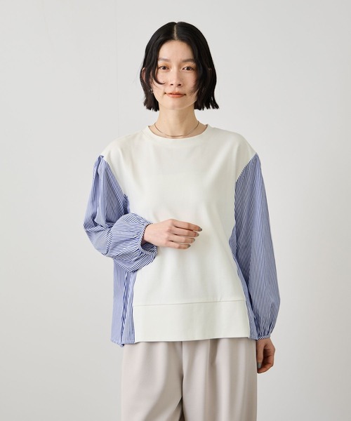 Mac-House(マックハウス)の「Idnes ストライプ 布帛ドッキング プルオーバー(Tシャツ/カットソー・レディース・ホワイト系/グレー系/ネイビー系・FREE)」の10枚目の写真