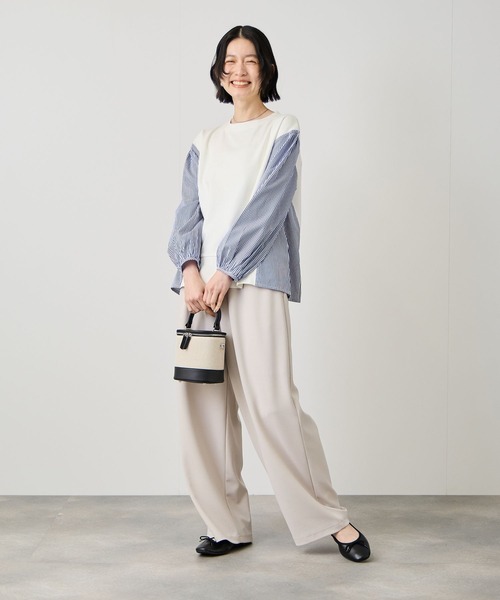 Mac-House(マックハウス)の「Idnes ストライプ 布帛ドッキング プルオーバー(Tシャツ/カットソー・レディース・ホワイト系/グレー系/ネイビー系・FREE)」の12枚目の写真