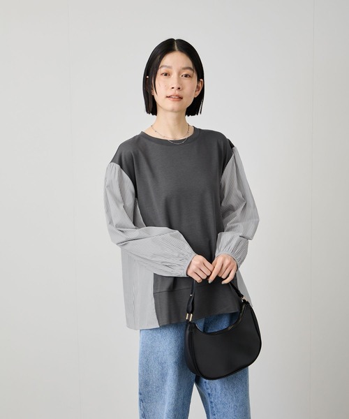 Mac-House(マックハウス)の「Idnes ストライプ 布帛ドッキング プルオーバー(Tシャツ/カットソー・レディース・ホワイト系/グレー系/ネイビー系・FREE)」の13枚目の写真