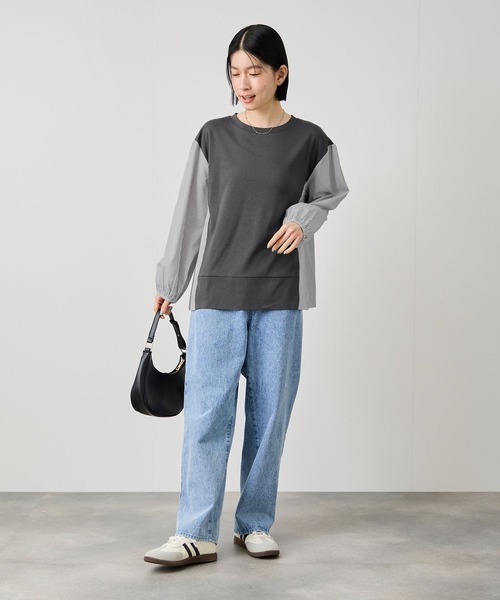 Mac-House(マックハウス)の「Idnes ストライプ 布帛ドッキング プルオーバー(Tシャツ/カットソー・レディース・ホワイト系/グレー系/ネイビー系・FREE)」の14枚目の写真
