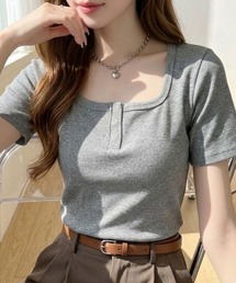 スクエア デザイン ヘンリーネック タイト 半袖Tシャツ