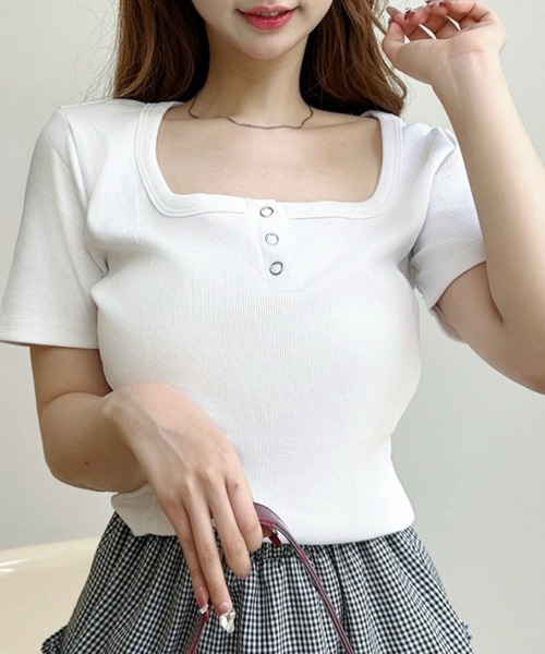 Ada.(エイダ)の「スクエア デザイン ヘンリーネック タイト 半袖Tシャツ(Tシャツ/カットソー・レディース・ブラック/グレー/ホワイト・FREE)」の20枚目の写真