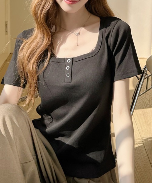 Ada.(エイダ)の「スクエア デザイン ヘンリーネック タイト 半袖Tシャツ(Tシャツ/カットソー・レディース・ブラック/グレー/ホワイト・FREE)」の9枚目の写真