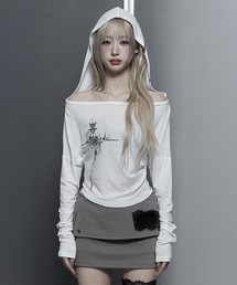 Lettering Hooded Slim-Fit Long Sleeve Top (lvory)