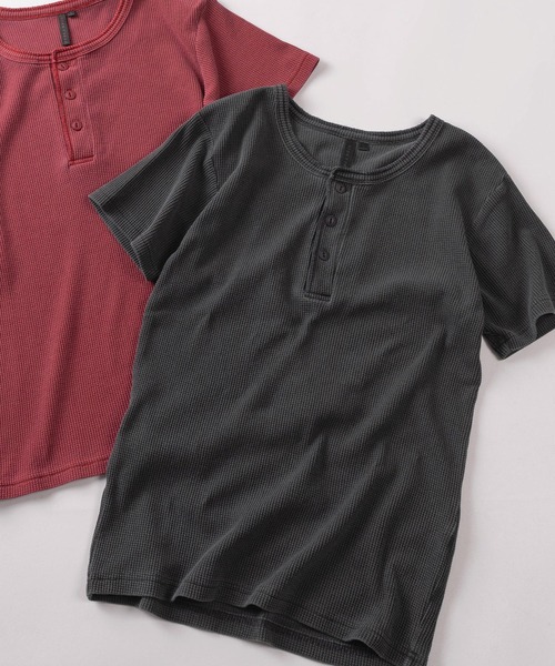 セール】【82】ピグメント加工 無地 ワッフル ヘンリーネックTシャツ
