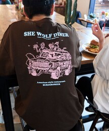 限定展開 SHE WOLF DINER×FREAK'S STORE/シーウルフダイナー 別注 ビッグシルエット バックプリントTシャツ/抗菌防臭/吸水速乾/UV