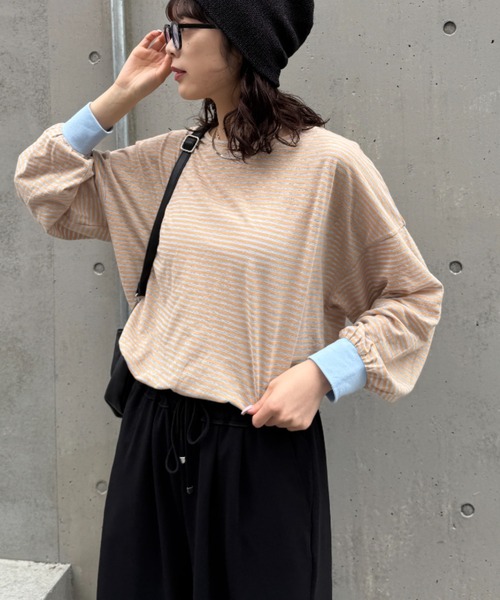 CIAOPANIC TYPY（チャオパニックティピー）の「シアーボーダーロンTee（Tシャツ/カットソー・レディース・チャコールグレー/ブルー/ホワイト/ピンク/ベージュ・ONE SIZE）」の4枚目の写真
