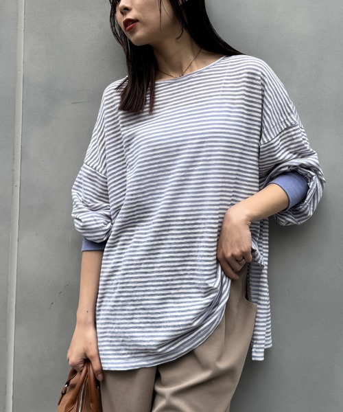 CIAOPANIC TYPY（チャオパニックティピー）の「シアーボーダーロンTee（Tシャツ/カットソー・レディース・チャコールグレー/ブルー/ホワイト/ピンク/ベージュ・ONE SIZE）」の5枚目の写真