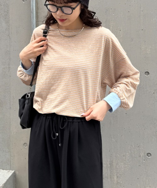 CIAOPANIC TYPY（チャオパニックティピー）の「シアーボーダーロンTee（Tシャツ/カットソー・レディース・チャコールグレー/ブルー/ホワイト/ピンク/ベージュ・ONE SIZE）」の6枚目の写真