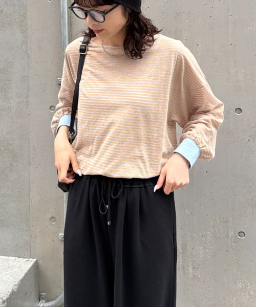 CIAOPANIC TYPY（チャオパニックティピー）の「シアーボーダーロンTee（Tシャツ/カットソー・レディース・チャコールグレー/ブルー/ホワイト/ピンク/ベージュ・ONE SIZE）」の14枚目の写真