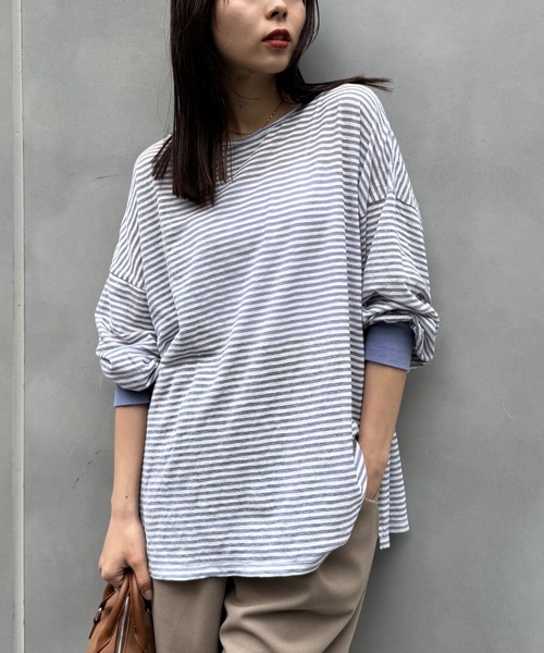 CIAOPANIC TYPY（チャオパニックティピー）の「シアーボーダーロンTee（Tシャツ/カットソー・レディース・チャコールグレー/ブルー/ホワイト/ピンク/ベージュ・ONE SIZE）」の18枚目の写真