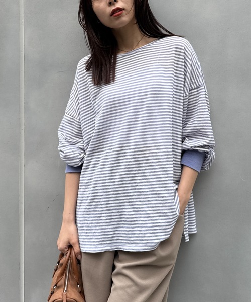 CIAOPANIC TYPY（チャオパニックティピー）の「シアーボーダーロンTee（Tシャツ/カットソー・レディース・チャコールグレー/ブルー/ホワイト/ピンク/ベージュ・ONE SIZE）」の19枚目の写真