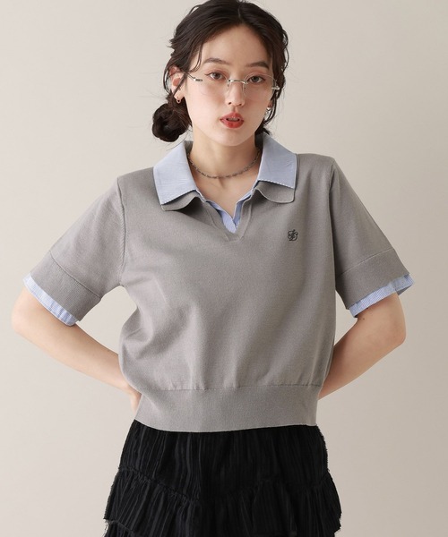 RAGEBLUE(レイジブルー)の「刺繍シャツレイヤードニットポロ(シャツ/ブラウス・レディース・グレー/ブラウン・FREE)」の1枚目の写真