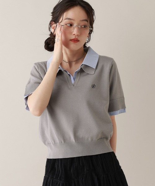 RAGEBLUE(レイジブルー)の「刺繍シャツレイヤードニットポロ(シャツ/ブラウス・レディース・グレー/ブラウン・FREE)」の6枚目の写真