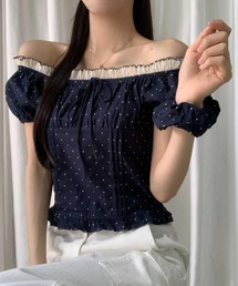ドット柄 オフショルダートップス / パフスリーブ シャーリングブラウス ショート丈 シュシュ付き