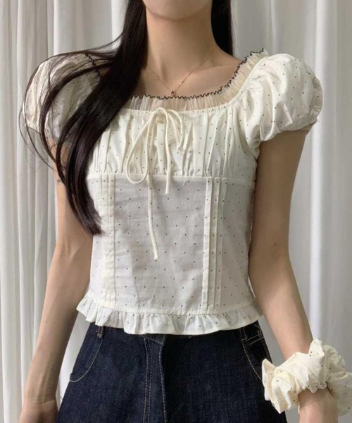 WESTSEA(ウエストシー)の「ドット柄 オフショルダートップス / パフスリーブ シャーリングブラウス ショート丈 シュシュ付き(シャツ/ブラウス・レディース・ネイビー/アイボリー・FREE)」の9枚目の写真