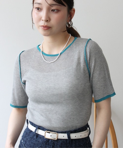 Meli rich(メリーリッチ)の「麻タッチ配色クルーネックプルオーバー(Tシャツ/カットソー・レディース・グレー/チャコールグレー/アイボリー・FREE)」の3枚目の写真