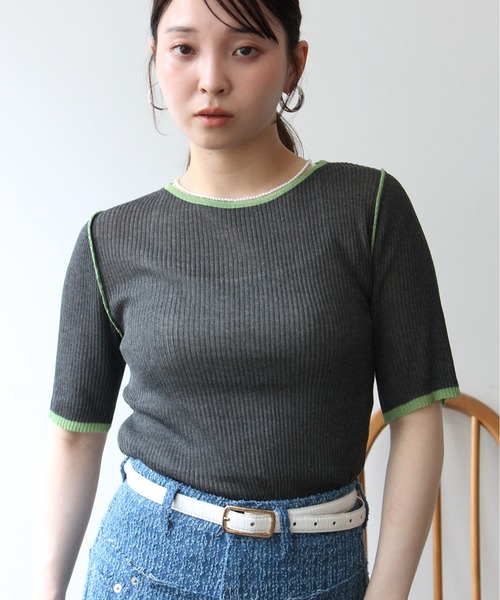 Meli rich(メリーリッチ)の「麻タッチ配色クルーネックプルオーバー(Tシャツ/カットソー・レディース・グレー/チャコールグレー/アイボリー・FREE)」の1枚目の写真
