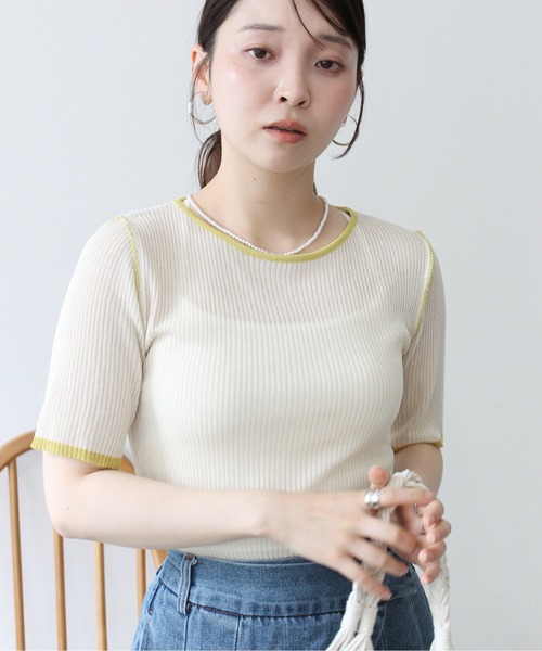 Meli rich(メリーリッチ)の「麻タッチ配色クルーネックプルオーバー(Tシャツ/カットソー・レディース・グレー/チャコールグレー/アイボリー・FREE)」の2枚目の写真