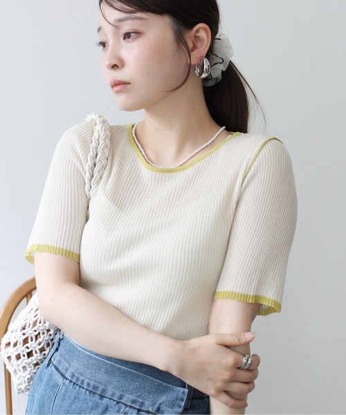 Meli rich(メリーリッチ)の「麻タッチ配色クルーネックプルオーバー(Tシャツ/カットソー・レディース・グレー/チャコールグレー/アイボリー・FREE)」の5枚目の写真