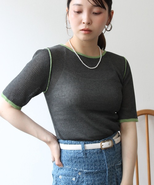 Meli rich(メリーリッチ)の「麻タッチ配色クルーネックプルオーバー(Tシャツ/カットソー・レディース・グレー/チャコールグレー/アイボリー・FREE)」の16枚目の写真