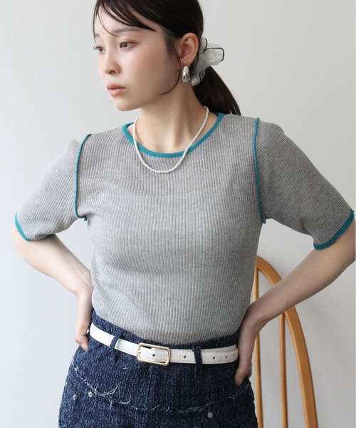 Meli rich(メリーリッチ)の「麻タッチ配色クルーネックプルオーバー(Tシャツ/カットソー・レディース・グレー/チャコールグレー/アイボリー・FREE)」の10枚目の写真