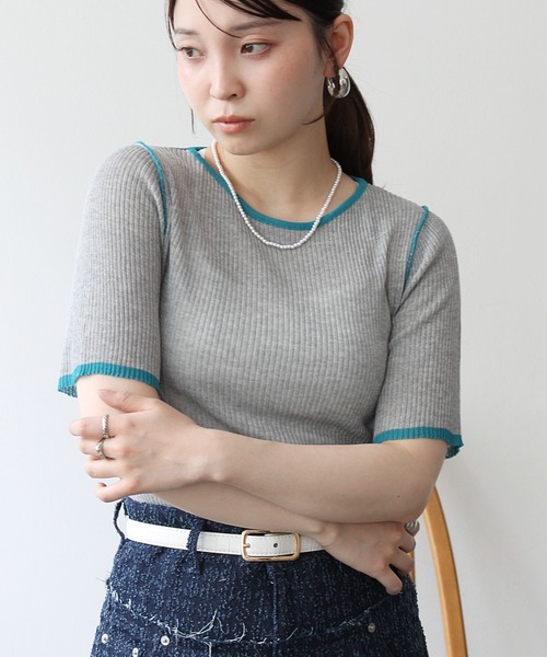 Meli rich(メリーリッチ)の「麻タッチ配色クルーネックプルオーバー(Tシャツ/カットソー・レディース・グレー/チャコールグレー/アイボリー・FREE)」の11枚目の写真