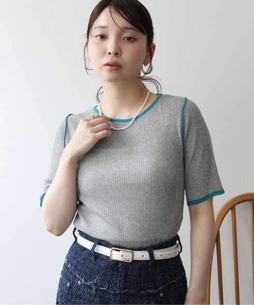 Meli rich(メリーリッチ)の「麻タッチ配色クルーネックプルオーバー(Tシャツ/カットソー・レディース・グレー/チャコールグレー/アイボリー・FREE)」の12枚目の写真