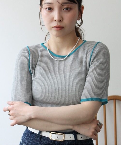 Meli rich(メリーリッチ)の「麻タッチ配色クルーネックプルオーバー(Tシャツ/カットソー・レディース・グレー/チャコールグレー/アイボリー・FREE)」の13枚目の写真